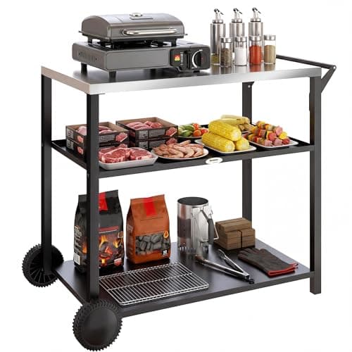 Image of Outsunny Outdoor Grill Cart with Stainless Steel Tabletop for Kitchen Prep, Two-Tier Pizza Oven Stand, Food Prep Table on Wheels, Black