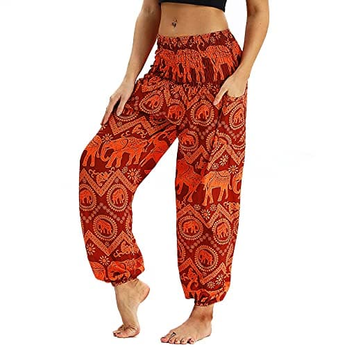 Image of Nuofengkudu Women's Harem Pants Thai Hippie Baggy Bohemian Patterned High Waist Smocked Waist Thin with Pockets Lounge Trousers for Yoga Summer Beach Orange Elephant, One Size