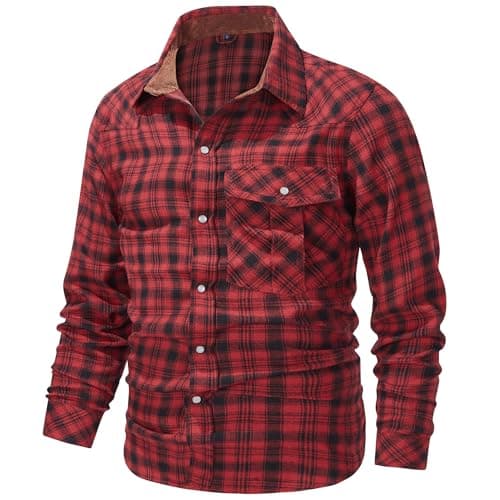 Image of MakingDa Men's Smart Casual Plaid Flannel Shirt Winter Warm Long Sleeve Regular Fit Checked Snap Button Thermal Lumberjack Work Shirts Chequered Jacket with Pockets-Red-L