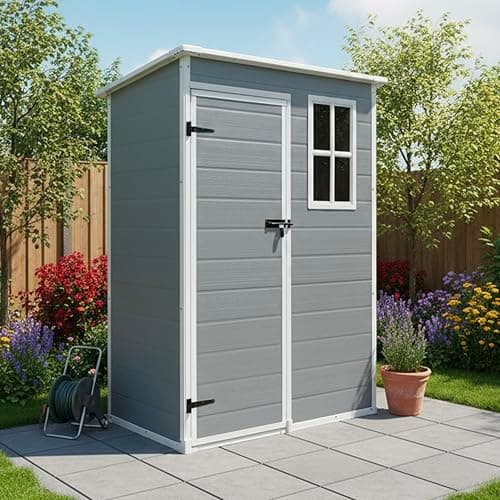 Image of Garden Universe Plastic Garden Shed 5' x 3' Pent Roof Storage Box Grey Garden Shed with Floor Bike Storage Outdoor Storage Weather-Resistant Grey Garden Storage PS02