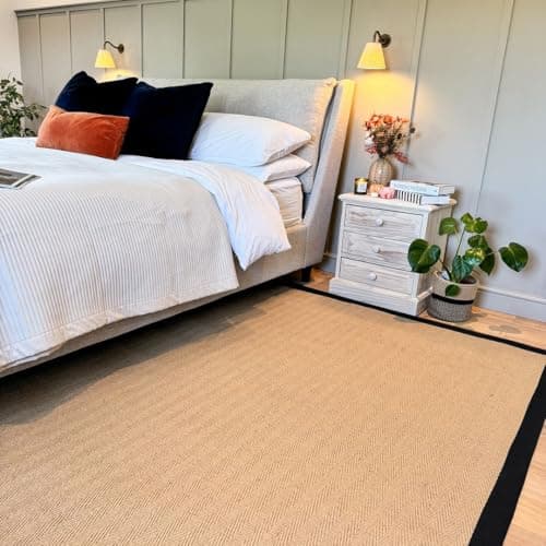 Image of Jute Black Cotton Bordered Rugs Brown Beige Herringbone Chevron Rubber Backed Bedroom Livingroom Living Home Area Rug 160cm x 230cm (5ft 3" x 7ft 7")
