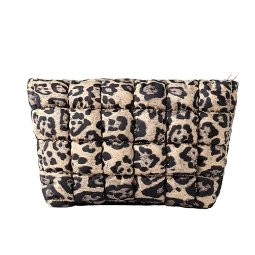 Image of HFLZBRO Puffy Quilted Makeup Bag, Cosmetic Bag, Travel Toiletry Organizer Pouch, Clutch for Women (Brown Leopard)