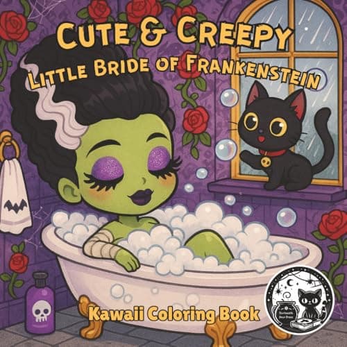 Image of Cute and Creepy Little Bride of Frankenstein Kawaii Coloring Book for Kids, Teens, and Adults: Adorable Spooky Chibi Monsters with Cats Black Background for Fun and Relaxation