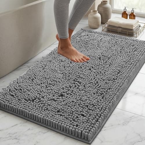 Image of LuxUrux Bath Mat - AS-SEEN-ON-TV - Extra-Soft Plush Bath Shower Bathroom Rug, 1'' Chenille Microfiber Material, Super Absorbent Shaggy Bath Rug (Light Grey, 42 x 60 cm)