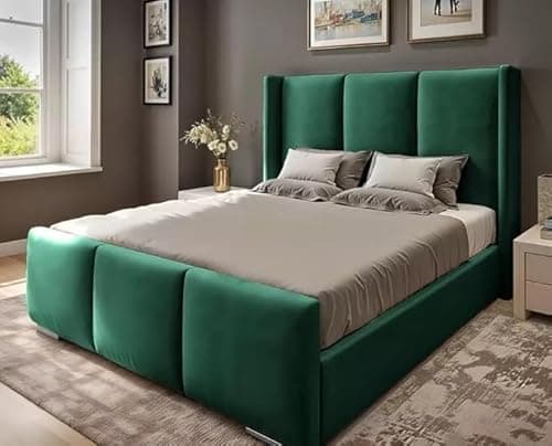 Image of AL SULTAN 3FT Single Wingback Bed Frame With Winged Headboard Upholstered In Plush Velvet Green Bed Wooden Slats - No Mattress - No Storage (Green Plush, 3FT Single Bed Frame Only)