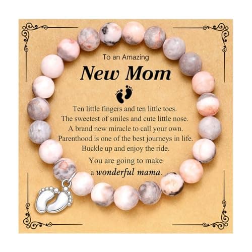 Image of MOTIBACK Pink Zebra Stone Little Foot Charm Bracelet Gift Set for Women - Natural Crystal Bracelet with Greeting Card, Baby Shower Gifts for Mum to Be, New Mum, Pregnancy Gifts