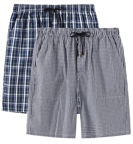 Image of MoFiz Men's 2-Pack Lounge Sleep Shorts Soft Cotton Checked Woven Nightwear Loungewear Short Pyjama Bottoms Size M