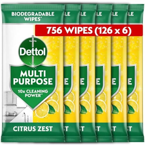 Image of Dettol Antibacterial Multipurpose Cleaning Biodegradable Wipes, Citrus Zest, 756 Wipes (126 x 6pck) Disinfectant, Home Hygiene, Kills 99.9 Percent of Germs