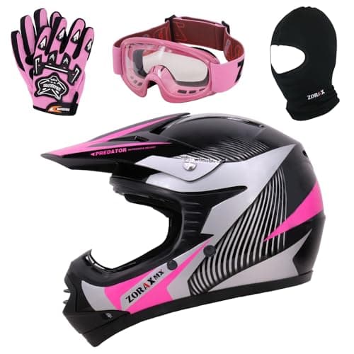 Image of Zorax ZOR-X19 Pink XL (55-56cm) Predator Kids Motorbike Motocross MX Helmet ECE 2206 & Gloves XL (8cm) & Goggles & Balaclava