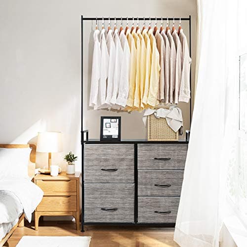 Image of CASART Hanging Clothes Rail, Metal Garment Rack Dress Shelf with 5 Storage Drawers, Clothes Cabinet Wardrobe Organiser for Closet, Hallway, Bedroom and Living Room