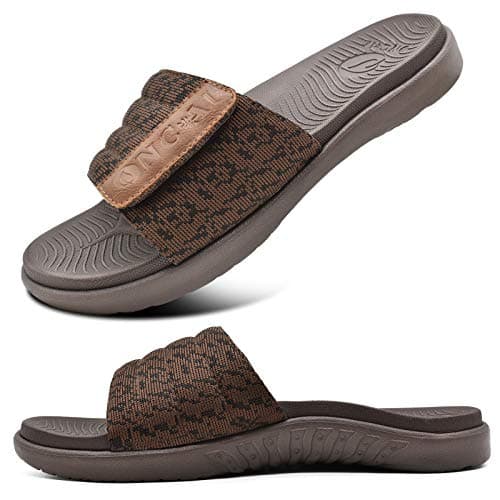 Image of ONCAI Mens Sandals, Arch Support Sport Slides Open Toe Adjustable Straps Orthotic Cushioned Footbed for Plantar Fasciitis Rubber Soles Brown Size 9