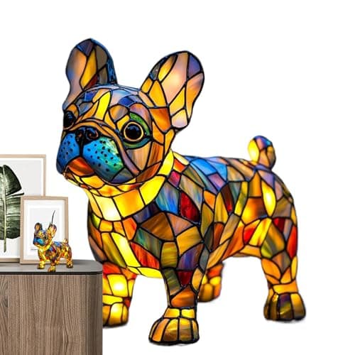 Image of Dog Series Art Night Light, Colorful Resin French Bulldog Tabletop Night Light, Stained Glass LED Table Lamp for Bedside Living Room Bedroom, with Warm Ambient Glow, Animal Pet Lovers Home Decoration
