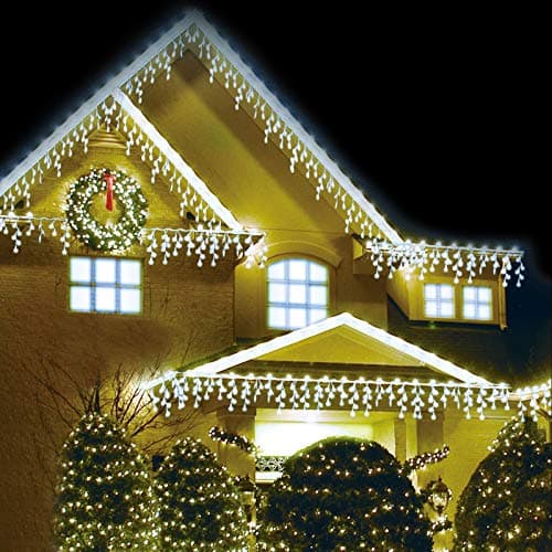 Image of AMOS 200 Super Bright LED 3.9m Icicle Snowing Effect Battery Operated Fairy Lights with 8 Functions and Timer for Indoor Outdoor Christmas Tree House Garden Decoration (Cool White)