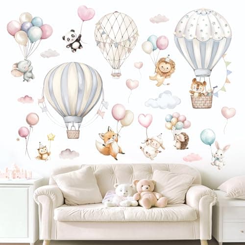 Image of FUFUQUARE Hot Air Balloon Wall Stickers, Cartoon Animals Elephant Fox Tiger Peel and Stick Wall Decals for Kids Baby Bedroom Living Room Home Décor
