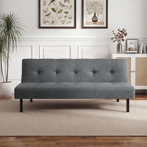 Image of Panana Click Clack Sofa Bed Linen Fabric 3 Seater Sofa Couch Living Room/Spare Room/Guest Room Bed Settee, Grey