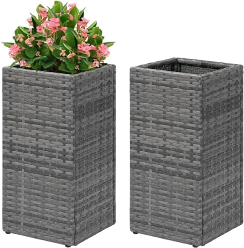 Image of Taylor & Brown 2 Pack Tall Cubic Rattan Wicker Planters with Removable Liner Large Indoor Outdoor Planter Flower Plant Pots Garden Patio Front Porch 61cm (H) x 30.5cm (W) x 30.5cm (D) (Grey)