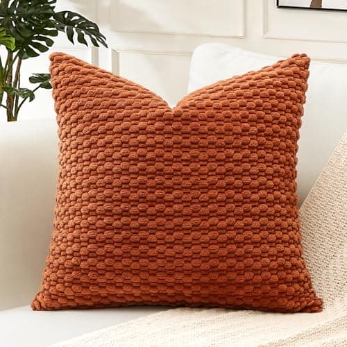 Image of Artscope Pom Poms Decorative Corduroy Cushion Cover 40x40cm Super Soft Boho Striped Square Pillow Covers Case Geometric for Sofa Couch Bedroom Car Decor Set of 1, Rust