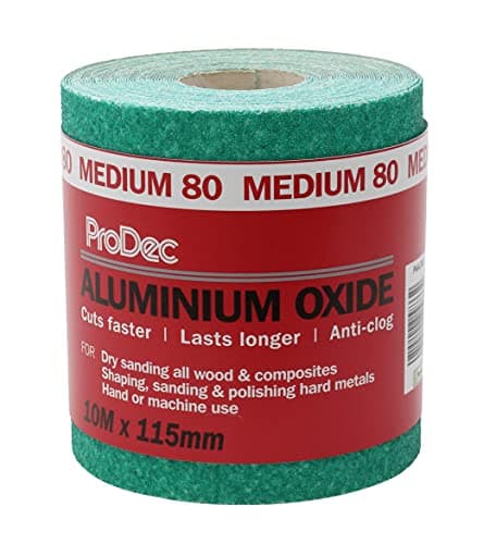 Image of ProDec 10m Roll 80 Grit Medium Grade Green Aluminium Oxide Abrasive Sanding Paper for Sanding Wood, Paint, Plaster, Filler, Metal and More, 115mm Wide Sandpaper Compatible with Machine Sanders