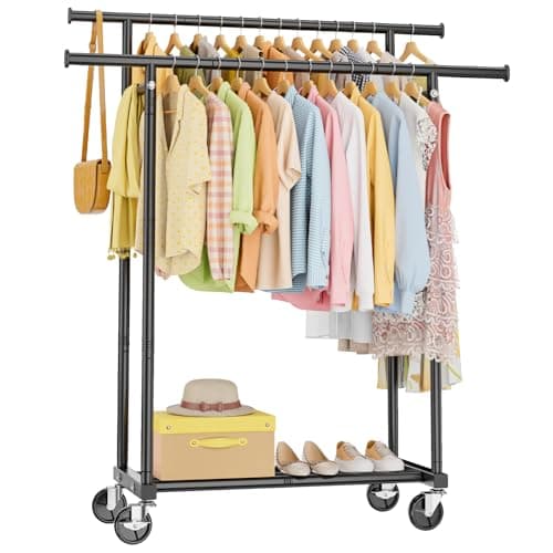 Image of HYSEYY Double Rod Clothes Rail, Rolling Clothes Rack, Metal Clothing Rail with Lockable Wheels & Storage Shelf, Clothing Rack for bedroom, Laundry, Living Room - 160H x 113W x 42D cm, Black