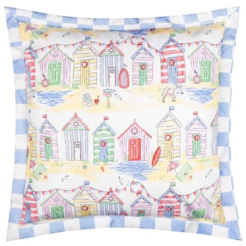 Image of furn. Beach Huts Cushion Cover – Reversible Water Resistant Coastal Seaside Gingham Outdoor Decorative Case (Multicolour - 43x43cm)