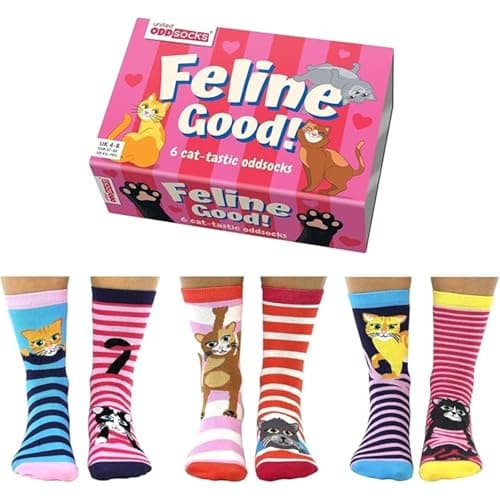 Image of United Oddsocks Feline Good Gift Box – 6 Cat-Tastic Oddsocks for Women – UK 4-8 EUR 37-42 US 6.5-10.5 – Colourful Cat Novelty Socks, Cotton Rich Crew Length, Fun Set for Cat Lovers, Sock It to Cancer