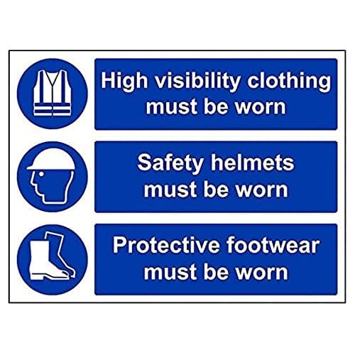 Image of V Safety High Vis, Helmet And Footwear Must Be Worn PPE Sign - 400mm x 300mm - 1mm Rigid Plastic