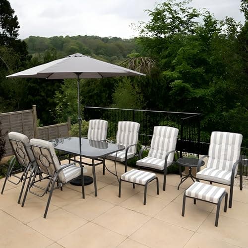 Image of Hectare 6 Seater Metal Garden Furniture Outdoor Dining Set with Footstools and Side Table in Grey Stripe