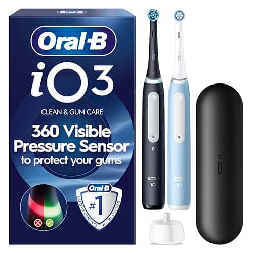 Image of Oral-B iO3 2X Electric Toothbrushes For Adults, Gifts For Her / Him, 2 Toothbrush Heads and 1 Travel Case, 3 Modes With Teeth Whitening, 2 Pin Plug, Black and Blue