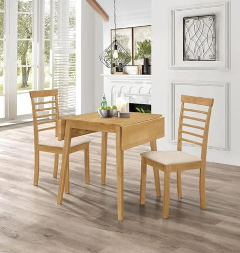Image of Hallowood Furniture Ledbury Small Drop Leaf Dining Table and Chairs Set 2, Oak Finish Wooden Folding Table and Chairs with Warm Cream Padded Seats, Ideal Home or Cafe Dining Set for 2