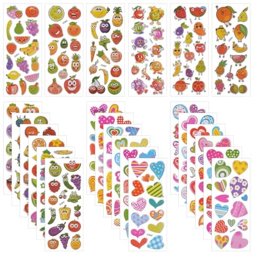 Image of Vicloon 3D Stickers, 330+ Puffy Stickers 24 Variety Sheets for Party Rewarding Gifts Scrapbooking Including Fruits, Heart and More