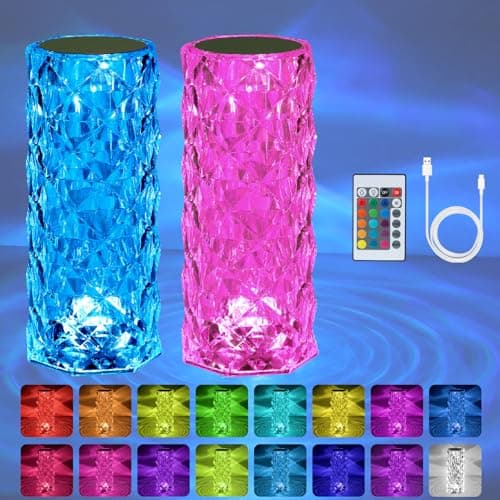 Image of VoMii 2 Pack Crystal Table Lamp (Touch & Remote), RGB 16 Colors Changing Lamp, Rechargeable Crystal Lamp, Rose Diamond Night Light, for Bedroom/Party/Dinner/Decoration