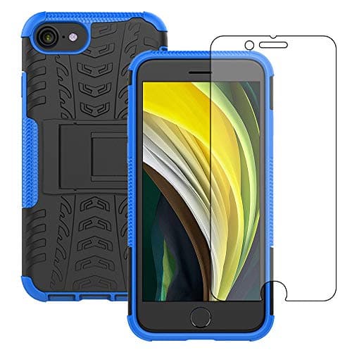 Image of Yiakeng iPhone 8 Case, iPhone 7 Case with Screen Protector, Shockproof Silicone Protective with Kickstand Hard Phone Cover for iPhone SE 2020/7/8 (Blue)