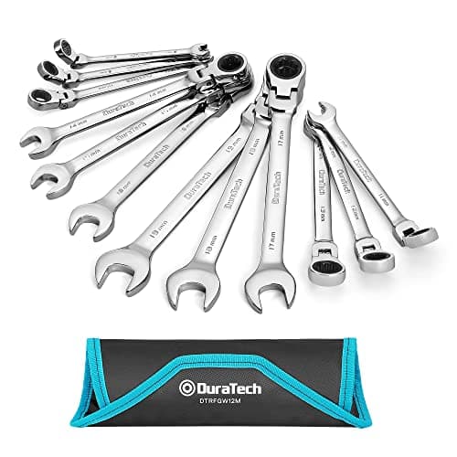 Image of DURATECH 12-Piece Flex-Head Ratchet Spanner Set 8-19mm, Combination Wrench Set with 72 Tooth Ratchet Gear, Chrome Vanadium Steel, Metric, with Poll-up Pouch
