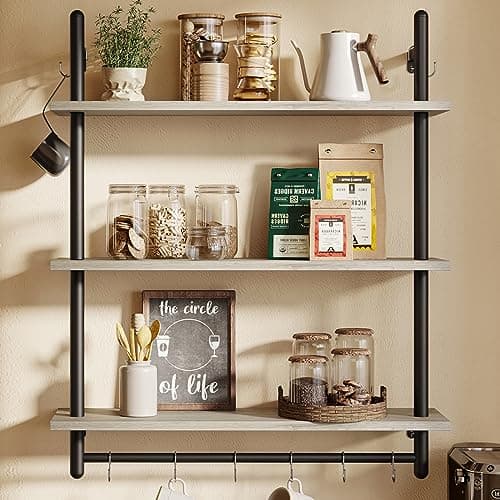 Image of Bestier 3 Tier Industrial Pipe Shelving, Floating Book Shelves for Wall, Storage Hanging Shelves with Towel Bar for Bathroom Organizer Bedroom Kitchen Plants Office. 31.5 Inch Retro Grey