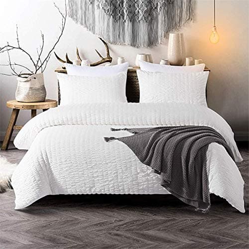 Image of 3 Pieces White Seersucker Duvet Cover Set Bedding Sets for Adults Soft Microfiber Duvet Cover Super King 220 x 260cm