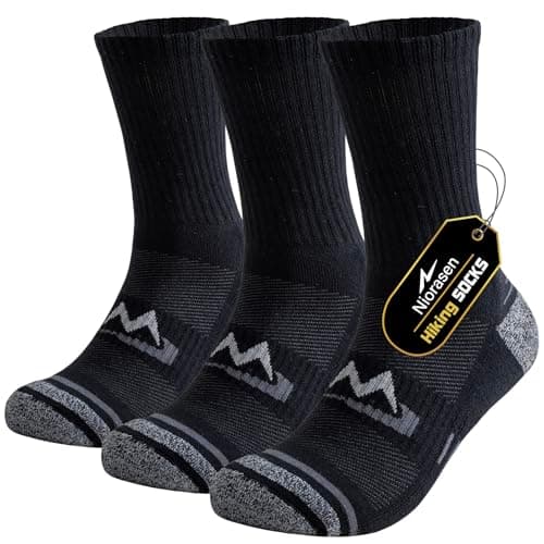 Image of Niorasen Mens Sports Socks, Cushioned Anti Blister Hiking Walking Socks, Breathable Cotton Running Sock, Multi Performance Crew Outdoor Athletic Sock for Trekking Cycling Work 3 Pairs, Black 9-12