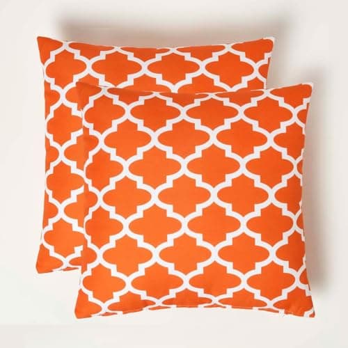 Image of HOMESCAPES Set of 2 Outdoor Cushions Waterproof, Orange Geometric Filled Garden Cushion, Hypoallergenic Polyester, Decorative Pillows for Indoor & Outdoor Patio, Benches & Sofa - 45 x 45cm