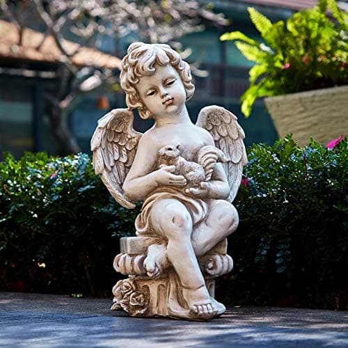 Image of Cherub Angel Garden Statue, Peace Cherub Statues with Squirrel Sitting on Roma Pillar, Greek Column Angel Figurine for Garden Decor, Lawn, Patio, Courtyard, Polyresin Stone Antique, 13.4 inch