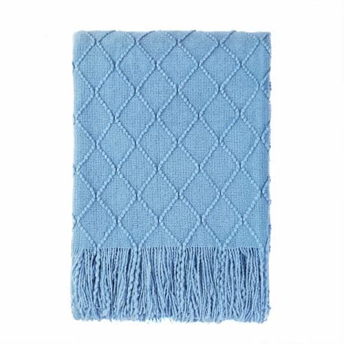 Image of BOURINA Textured Solid Soft Sofa Throw Couch Cover Knitted Decorative Blanket, Blue, 152x203cm