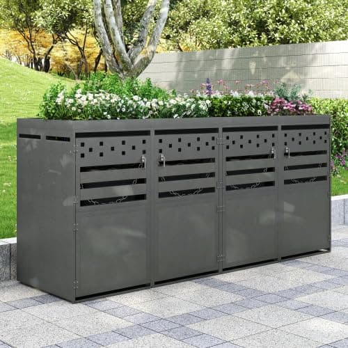 Image of Merax 4-Compartment Wheelie Bin Storage – Large Bin Store with Planting Roof, Fits 4 Bins (120-240L), Galvanized Steel, Ventilation, Secure Locks & Drainage – Outdoor Bin Storage for Garden, Driveway