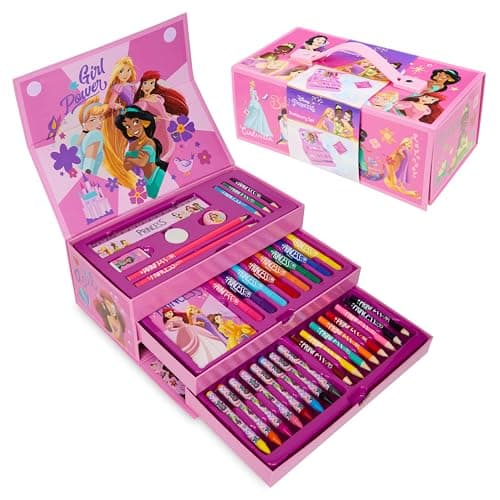 Image of Disney Princess Kids Art Set, Colouring Pencils Pens Crayons Art Supplies in Art Box 30 Plus Pcs - Gifts for Girls (Pink Princesses)