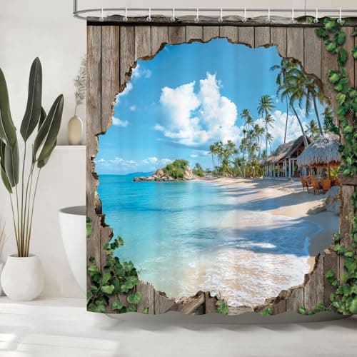 Image of Dazzlewall Beach Ocean Shower Curtain, Coastal Resort Wooden Door Bathroom Curtain Waterproof Mould Resistant Fabric with 12 Hooks, 180 x 180 cm