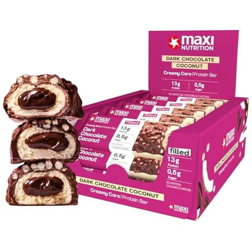 Image of MaxiNutrition Creamy Core Protein Bar - Low in Sugar - 13g High Protein - Dark Chocolate Coconut, 189 kcal per Serving, 12 x 45g NO ARTIFICIAL COLOURS & FLAVOURS, NEW IMPROVED TASTE