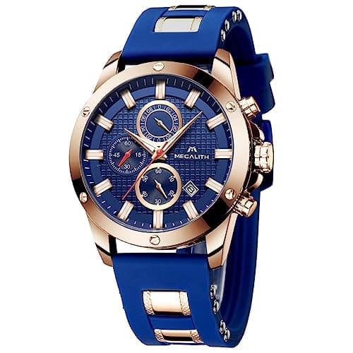 Image of MEGALITH Large Watches Mens Waterproof: Chronograph Analogue with Date Luminous - Wrist Watch Men Stylish Blue Rubber