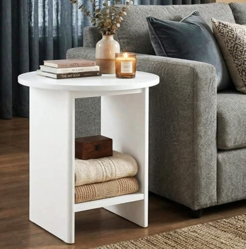Image of Blisswood Small Round Side Table, Painted Finish 2 Tier End Coffee Table with Open Storage Shelf, Modern Bedside Table, Small Side End Table for Living Room, Sofa Side Table, Bedroom Furniture (White)