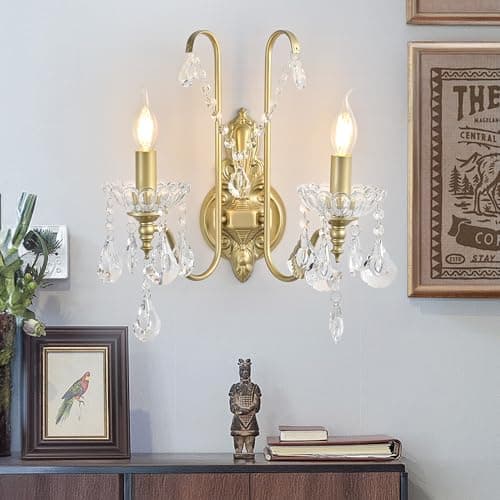 Image of Ganeed Crystal Wall Lights Antique Retro Vintage French Style Rustic Indoor Wall Lamps for Hallway Porch Landing Foyer 2 Light E14 Champagne Gold (1 Pack)