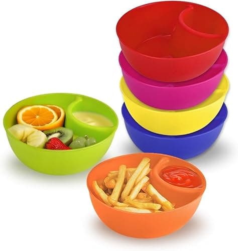 Image of JINGIHE 6pcs Chip and Dip Bowl, Snack Tray Platters for Party Food with 2 Compartments, Plastic Snack Bowls for French Fries, Nibbles, Nuts, Desserts, Veggies, Candy, Salad (6 Colours)