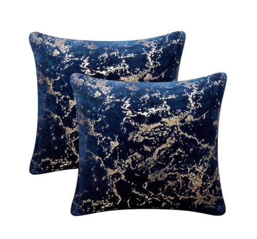 Image of StylemyBedroom Set of 2 Marble Gold Foil Velvet Soft Cushion Covers in 5 Colours 18"x18" / 45cm x 45cm (Navy Blue)