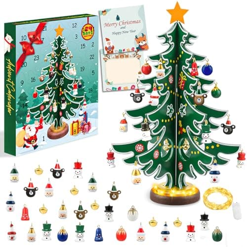 Image of FFZZKJ Advent Calendar 2025 Kids with Lights 24 Days Countdown Wooden Christmas Tree with 30 Ornaments for Christmas Table Decoration, Christmas Decorations