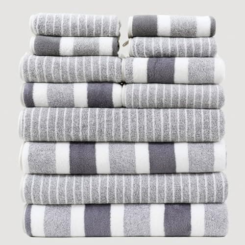 Image of M.J COMFY-LIFE 12PCS Towel Bale Set Soft Absorbent Bathroom Towels with Elegant Woven Stripe Design Includes 4 Bath Towels, 4 Hand Towels, 4 Washcloths (Gery)